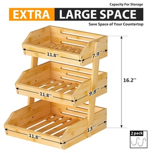 Cesto di frutta di bambù con 2 appendiabiti <span class=keywords><strong>a</strong></span> Banana di bambù di grande capacità porta frutta <span class=keywords><strong>a</strong></span> 3 livelli per bancone cucina - Product Image 3