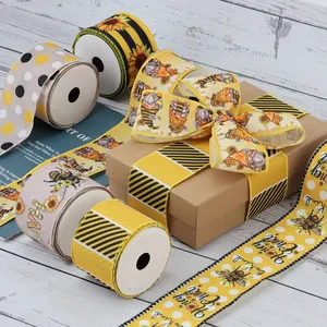 2.5 Inch Spring Summer Animals Ribbon Yellow Stripe Gingham Dot Honey Bee Wired Edge Ribbon For Wrapping Bows Gift Ornaments