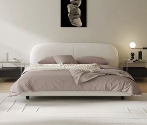 The Large White Fabric <b>Bed</b>, Light French Cream-colored Wabi-sabi Style Retro <b>Double</b> Upgraded Solid Wood Fabric <b>Bed</b> - Product Image 3