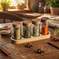 Pot à épices en verre avec couvercle en bois d'acacia, récipient de rangement pour épices avec plateau pour sucre, sel et condiments, design chic pour la cuisine