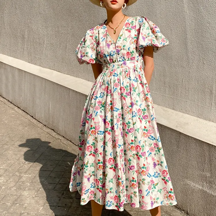 Женское платье с пышными короткими рукавами, летнее асимметричное платье средней длины с цветочным принтом, 2023