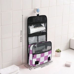 Bolsa de Maquillaje de Viaje Personalizada con Diseño a Cuadros Rosa y Blanco, con Diseño de Flores de Hawái, Bolsa de Aseo Colgante para Mujer con Gancho - Product Image 5