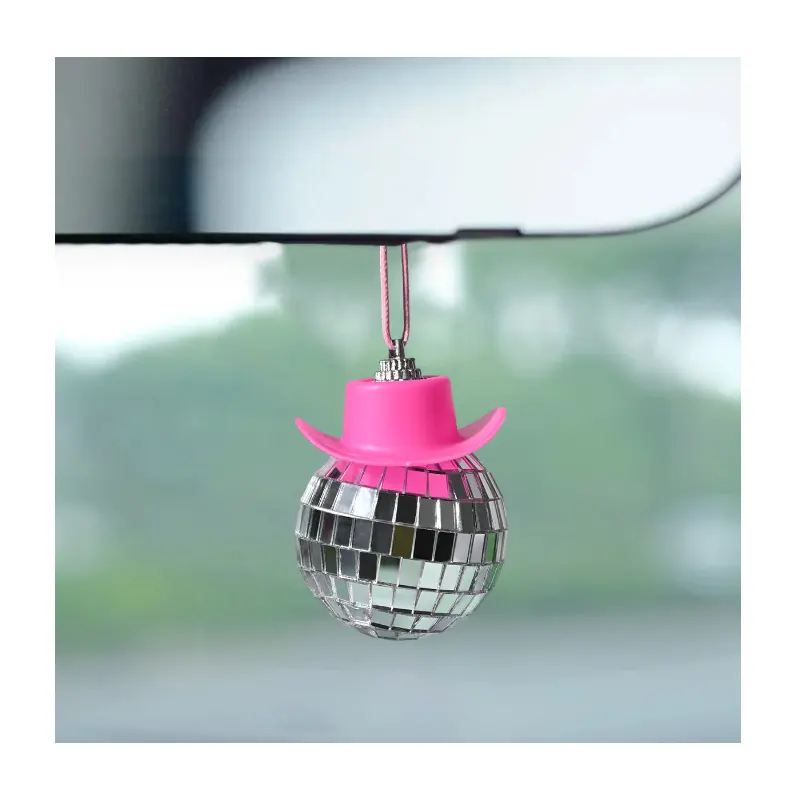 Personalized Cowboy Hat Hanging Car Accessory Cute Mini Disco Ball Rear View Mirror Car Charm Hanging Decor