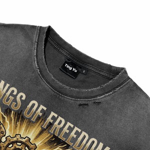 Men's Vintage Distress Acid Wash T Shirt Punk Winged Mechanical Key with Letter Print Oversized Short Sleeve Tees <b>for</b> Wholesale - Product Image 3