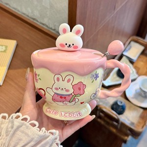 Cartoon Bunny <b>Mug</b> with Lid and Spoon Cute Ceramic High Temperature Resistant Large Capacity for Girls & Children - Product Image 2