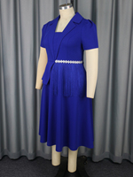 Robe de carrière formelle pour femme, bleu roi, à manches courtes, col à revers, avec pompons, coupe trapèze, grande taille, AM050320