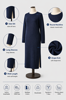 Robe midi en maille à col rond et manches longues avec fente latérale, 260 GSM, pour femme, élégante, coupe ajustée, douce, opaque, personnalisable avec logo OEM, vente en gros