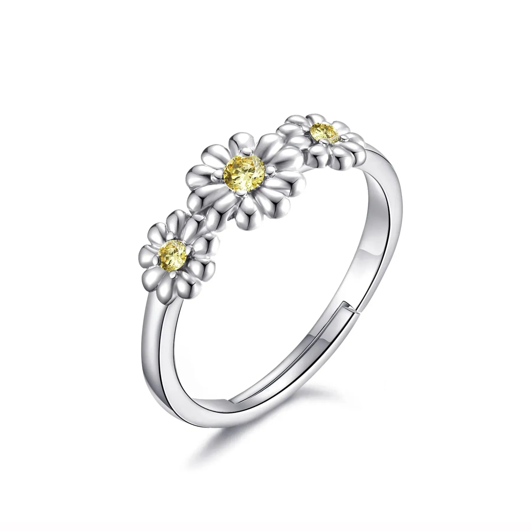 New Arrived White Gold Plated Adjustable Flower Micron Pave Setting Yellow CZ 925 Sterling Silver Rings For Women