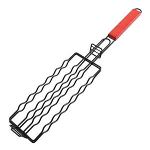 Solid Wood Handle Barbecue Net Sausage Roast Basket Multi-functional Barbecue Clip