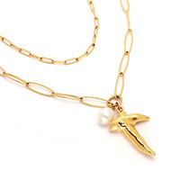 Colliers élégants à double rang de maillons trombone avec pendentif croix en perle naturelle 304, collier ras-du-cou tendance pour femme, bijoux quotidiens OEM