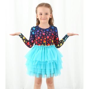 Robe tutu à manches longues pour petites filles, avec imprimé étoiles et jupe en tulle superposée, pour les fêtes ou les tenues décontractées, silhouette en forme de A - Product Image 3