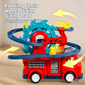 Camión de Bomberos de Juguete de Metal Fundido a Presión, Vagón de Tren con Luces y Música, Tobogán de Pato, Rueda de la Fortuna Giratoria, Juguetes Universales con Evitación Automática de Obstáculos - Product Image 1