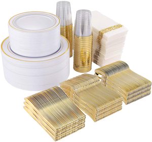 Long Life High Quality 700 Piece Gold Dinnerware Set-200 Gold Plastic Plates-300 Gold Disposable Silverware Set