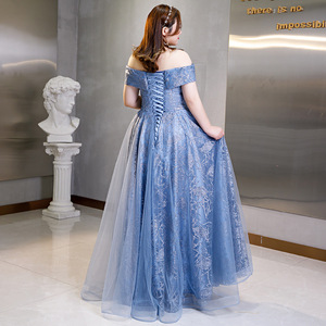 Blue Off-Shoulder Evening Gown A-Line Chiffon Empire Waist Lake Blue Elegant For Banquets And Events - Product Image 3