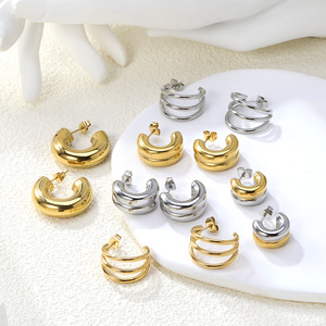 Boucles d'oreilles en acier inoxydable à double couche en forme de C, bijoux géométriques dorés et argentés à la mode pour femmes - Product Image 1