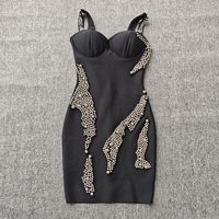 Robe bandage mi-longue à fines bretelles avec perles lourdes, élégante pour femme, idéale pour cocktail et soirée