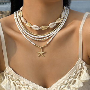 Vintage Katmanlı Deniz Kabuğu Boncuklu Alaşımlı Altın Kaplama Sevimli Deniz Yıldızı Kolye İsteğe Bağlı Boyun Askısı Boho Plaj Tatili Takısı Kadınlar İçin - Product Image 2
