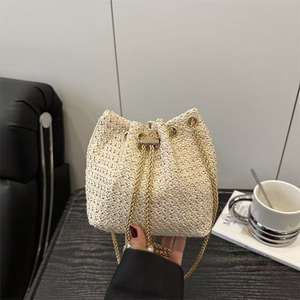 Elegant Woven <b>Drawstring</b> Bucket <b>Bag</b> with Chain Shoulder Strap - Product Image 6