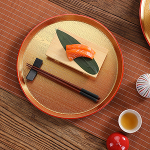 Round Non Slip Tray Wood Grain Japanese Style Sushi Tea Dessert Tray Red Gold Brown <b>Lacquer</b> - Product Image 2