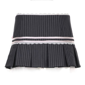 Jupe plissée rayée naturelle respirante douce et féminine avec accent de nœud et bordure en dentelle - Jupe mini évasée entièrement doublée pour l'été - Product Image 6