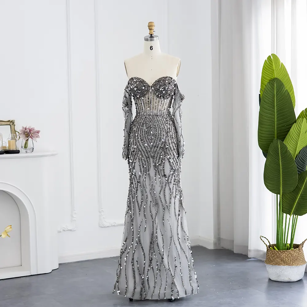 Jancember LSCZ132 독점 섹시한 오프 숄더 패션 여성 이브닝 드레스 긴 소매 연예인 착용
