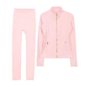 Solid Color Women's <b>Yoga</b> <b>Jacket</b> and Leggings Set in Pink, Beige, and Purple with Zipper Front and Side Pockets - Product Image 4