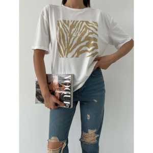 Camiseta Básica para Mujer, 100% Algodón Jersey, Estampado Metálico, Transpirable, Manga Regular, Blanca - Product Image 4