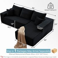 Canapé d'angle moderne en velours côtelé, trois places, avec mousse à mémoire de forme, assise profonde, sans assemblage requis, noir