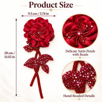 Applique florale brodée à la main en satin perlé bordeaux, motif rose, à coudre, pour vêtements, sacs, décoration intérieure, artisanat DIY