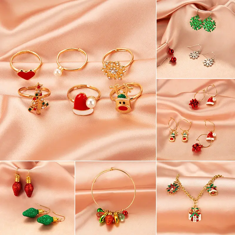 Christmas Decorations Ring Creative Christmas Tree Necklace Lady Simple Snowman Bell Earrings Holiday Accessories
