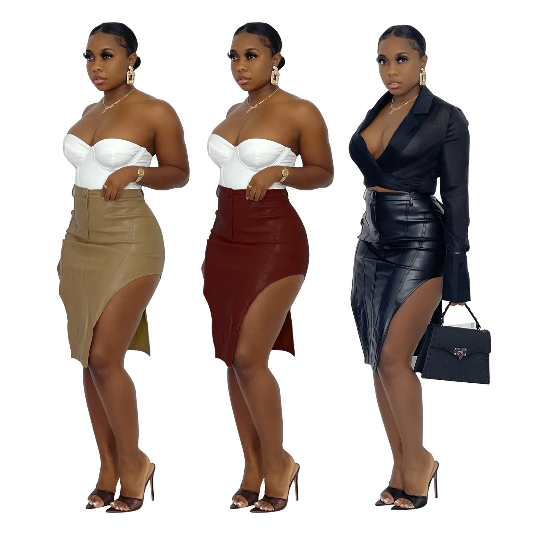 Schlitz sexy figur betontes Leder kleid Dame hohe Taille Faxu Pu Leder Bleistift rock