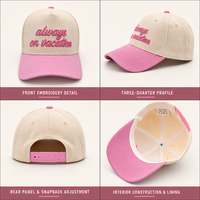 Casquette de baseball unisexe rose bonbon à 5 panneaux, style A-Frame, avec broderie 3D en relief 'Vacation', visière courbée blanc cassé, style streetwear