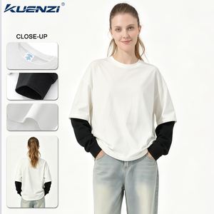 Ensemble deux pièces Kuenzi Hot Girl Hip Hop style américain, avec empiècements contrastants, superposés, 280GSM, 100% coton, t-shirts à manches longues - Product Image 1