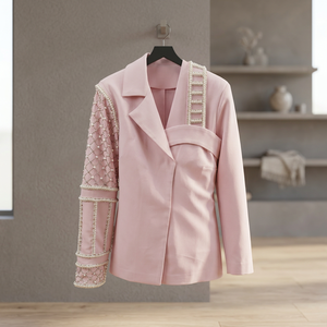 Elegante Conjunto Coordinado Rosa de Verano con Intrincado Trabajo de Perlas, Manga Asimétrica, Ropa Contemporánea para Mujer, Secado Rápido, Impermeable - Product Image 3