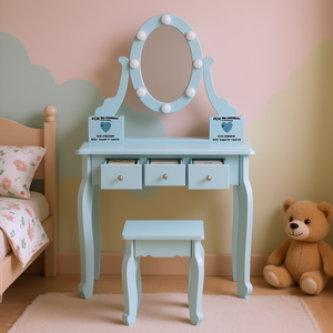 FCH Ensemble de coiffeuse pour enfants bleu macaron Princesse Bureau de maquillage et coiffeuse avec 5 tiroirs de rangement et miroir lumineux pour les enfants de 3 ans et plus - Product Image 2