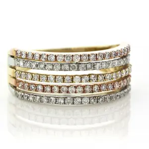 14K Yellow Gold Tri Colored Diamond Right Hand Ring Wedding Band Cubic Zirconia Half Eternity Wedding Ring