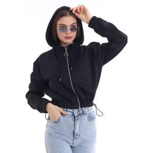 Sudadera corta negra para mujer, tejida, informal, con detalle en la cintura - Product Image 2