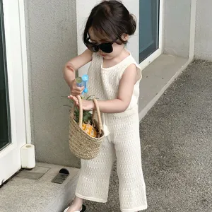 2023 spring new design infant baby girls knitted vest with pant toddler child kid solid beige 2 pcs clothing sets 2011