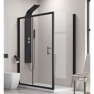 Mampara de Ducha Kamalu KFN5000S 150x70 con Marco Negro, Acero Inoxidable, Bisagras de Vidrio, Estilo Abierto, Acabado Cepillado para Hoteles, Puerta Corredera - Product Image 1
