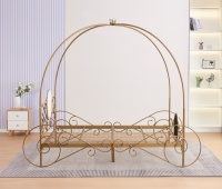 Lit à plateforme en métal doré antique de taille royale Style européen Ferme Princesse Ample sous le lit Rangement sans boîte Panneau à ressort nécessaire