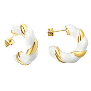 Boucles d'oreilles créoles en acier inoxydable plaqué or 18 carats, nouvelle tendance, design géométrique torsadé goutte d'huile, époxy noir et blanc, bijoux pour femme - Product Image 1