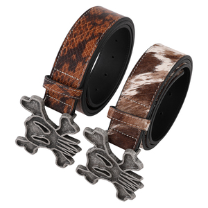 Sabuk Kulit Asli Desainer Khusus Pria dengan Gesper Pelat Tengkorak Gaya Vintage Baru, Bahan Campuran Kulit Sapi dan Bulu Kuda - Product Image 3