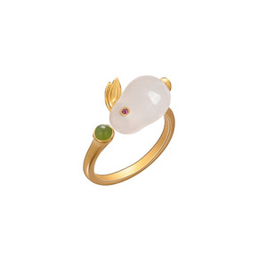 Women's Rabbit Jade Necklace Ring <b>Earrings</b> <b>Set</b> Animal Zodiac Jewelry Gift Gold Plated White Jade Stone Fashion Jewelry - Product Image 5