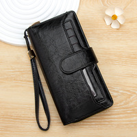Dompet Wanita Panjang dengan Resleting, Kulit PU Lapis Lilin, Penutup Kancing, Tempat Kartu, Organizer Multi Slot, Clutch Wristlet, Grosir OEM ODM