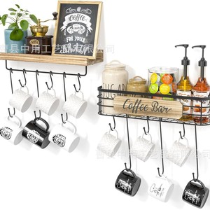 Solid Wood And Wrought Iron Wall Mounted Storage Rack With <b>Hooks</b> For Coffee Cups And Spices Kitchen Organizer - Product Image 1