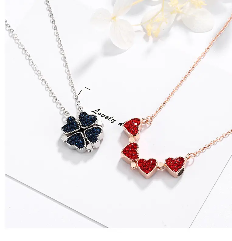 Double Side Four Petal Flower Heart Pendant Zircon S925 Necklace