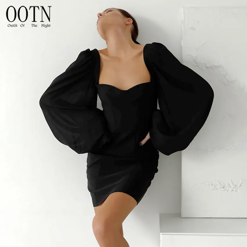 OOTN yüksek bel parti Bodycon Mini elbise kadın kadın zarif fener kollu Backless seksi abiye sonbahar siyah elbise