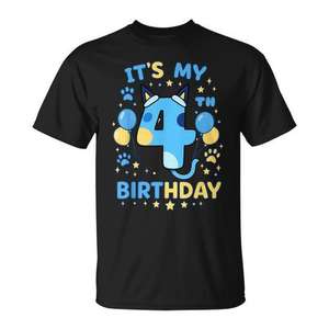 T-shirt blu per il quarto compleanno di Blue Dog per bambini, manica corta, girocollo unisex, stampa digitale, abbigliamento da festa - Product Image 1