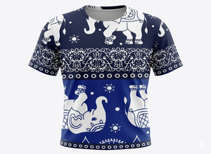 Camiseta de manga corta y cuello redondo con estampado de elefantes y flores en sublimación. Hecho de micro poliéster de 130 gsm. - Product Image 3