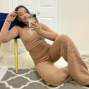 Knit Pant and Wrap Top 2022 COZY EVERYDAY <strong>BUNDLE</strong> Long Sleeve Two Piece Pants Set <strong>Women</strong> Casual Lounge Wear Clothing Sets - Product Image 1